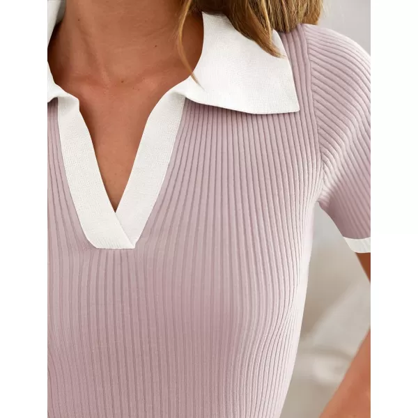 imageZESICA Womens Short Sleeve V Neck T Shirts 2024 Summer Ribbed Knit Slim Fitted Basic Solid Color Tee TopsTaro
