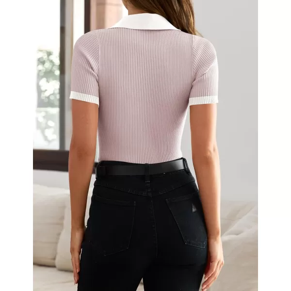 imageZESICA Womens Short Sleeve V Neck T Shirts 2024 Summer Ribbed Knit Slim Fitted Basic Solid Color Tee TopsTaro