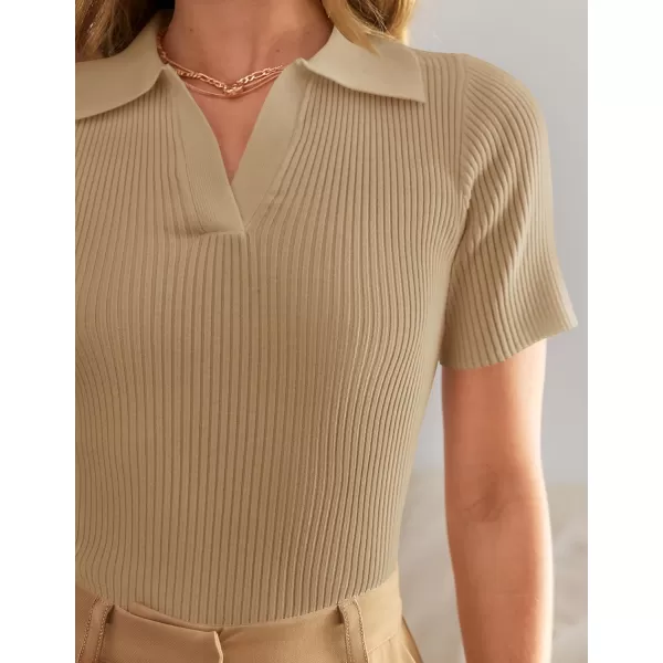 imageZESICA Womens Short Sleeve V Neck T Shirts 2024 Summer Ribbed Knit Slim Fitted Basic Solid Color Tee TopsToffee