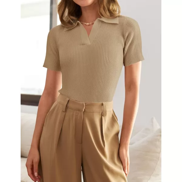 imageZESICA Womens Short Sleeve V Neck T Shirts 2024 Summer Ribbed Knit Slim Fitted Basic Solid Color Tee TopsToffee