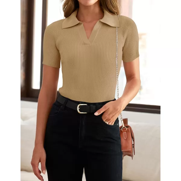imageZESICA Womens Short Sleeve V Neck T Shirts 2024 Summer Ribbed Knit Slim Fitted Basic Solid Color Tee TopsToffee