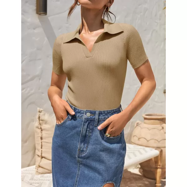 imageZESICA Womens Short Sleeve V Neck T Shirts 2024 Summer Ribbed Knit Slim Fitted Basic Solid Color Tee TopsToffee