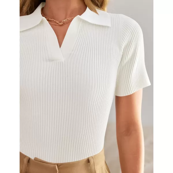 imageZESICA Womens Short Sleeve V Neck T Shirts 2024 Summer Ribbed Knit Slim Fitted Basic Solid Color Tee TopsWhite