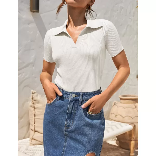 imageZESICA Womens Short Sleeve V Neck T Shirts 2024 Summer Ribbed Knit Slim Fitted Basic Solid Color Tee TopsWhite