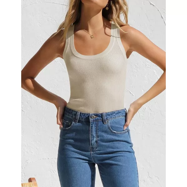 imageZESICA Womens Sleeveless Tank Tops Summer Scoop Neck Ribbed Knit Slim Fitted Casual Basic Tee ShirtsAlmond