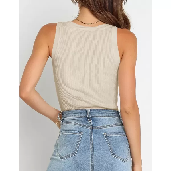 imageZESICA Womens Sleeveless Tank Tops Summer Scoop Neck Ribbed Knit Slim Fitted Casual Basic Tee ShirtsAlmond