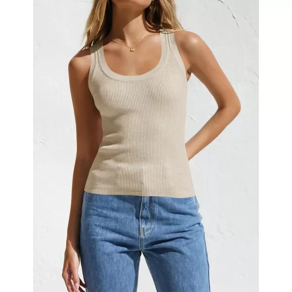 imageZESICA Womens Sleeveless Tank Tops Summer Scoop Neck Ribbed Knit Slim Fitted Casual Basic Tee ShirtsAlmond