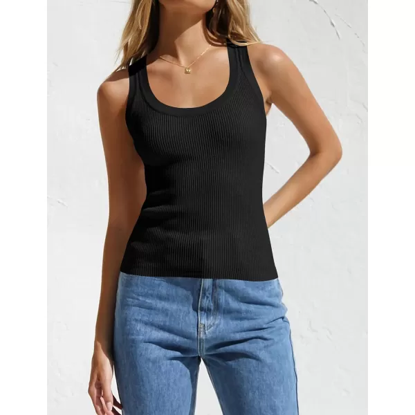 imageZESICA Womens Sleeveless Tank Tops Summer Scoop Neck Ribbed Knit Slim Fitted Casual Basic Tee ShirtsBlack