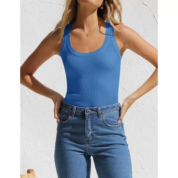 imageZESICA Womens Sleeveless Tank Tops Summer Scoop Neck Ribbed Knit Slim Fitted Casual Basic Tee ShirtsCobalt