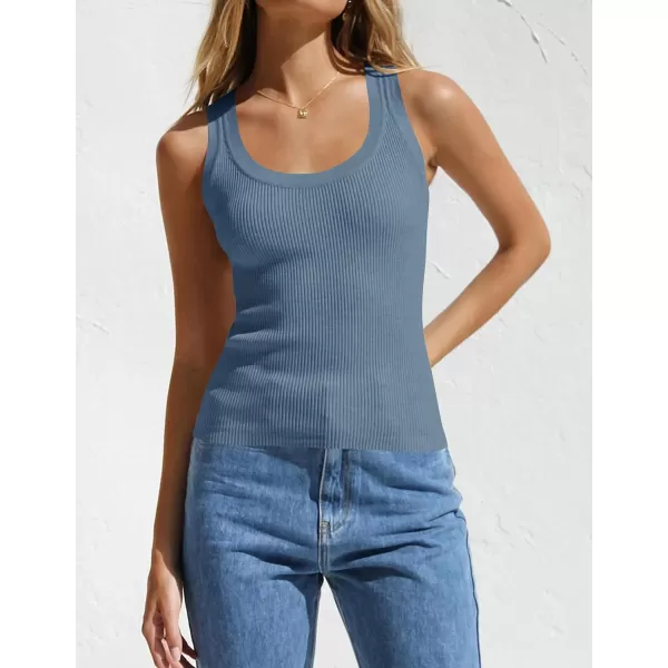 imageZESICA Womens Sleeveless Tank Tops Summer Scoop Neck Ribbed Knit Slim Fitted Casual Basic Tee ShirtsDustyblue