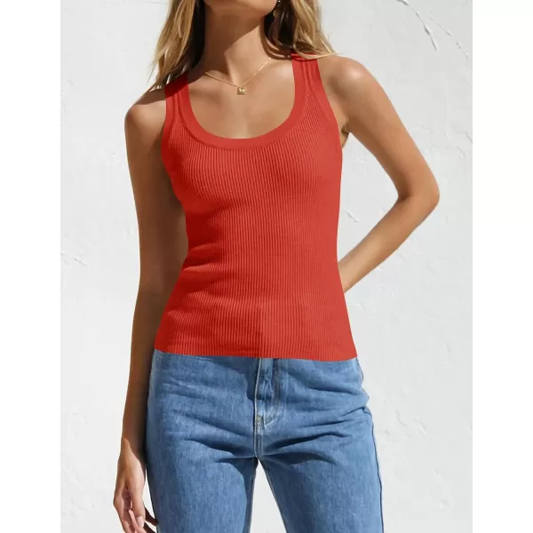 imageZESICA Womens Sleeveless Tank Tops Summer Scoop Neck Ribbed Knit Slim Fitted Casual Basic Tee ShirtsOrangered