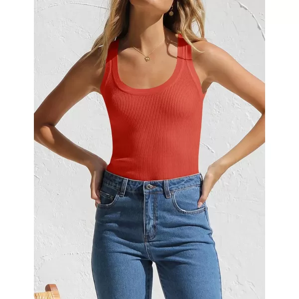 imageZESICA Womens Sleeveless Tank Tops Summer Scoop Neck Ribbed Knit Slim Fitted Casual Basic Tee ShirtsOrangered