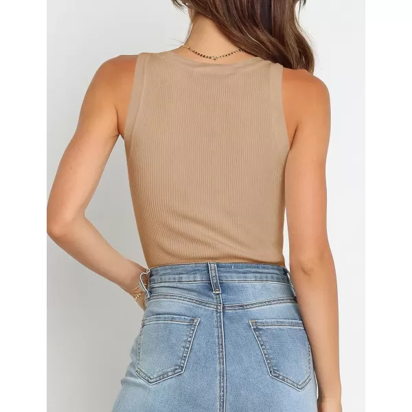 imageZESICA Womens Sleeveless Tank Tops Summer Scoop Neck Ribbed Knit Slim Fitted Casual Basic Tee ShirtsToffee