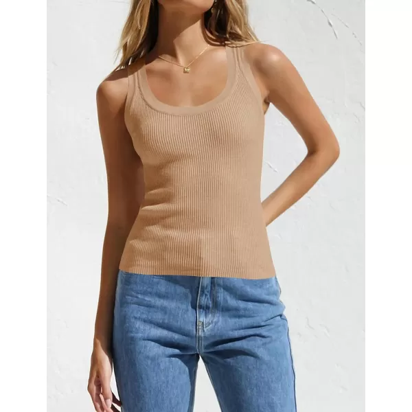 imageZESICA Womens Sleeveless Tank Tops Summer Scoop Neck Ribbed Knit Slim Fitted Casual Basic Tee ShirtsToffee