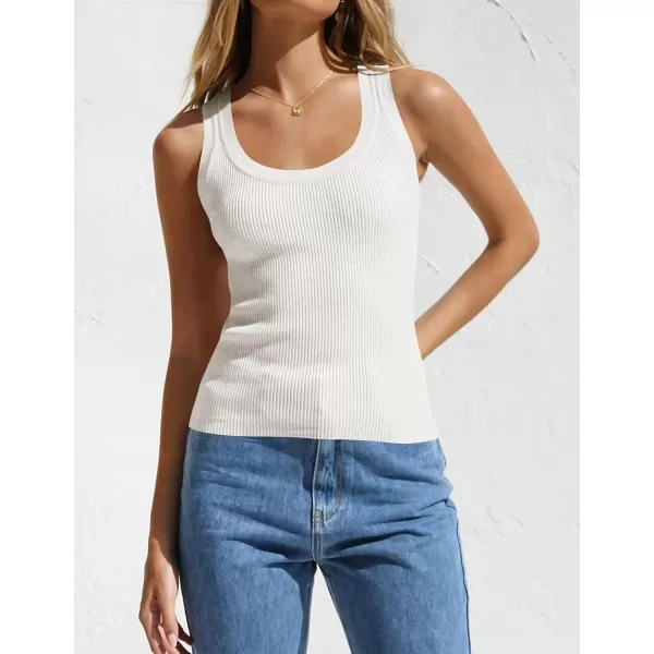 imageZESICA Womens Sleeveless Tank Tops Summer Scoop Neck Ribbed Knit Slim Fitted Casual Basic Tee ShirtsWhite