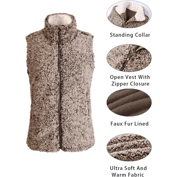 imageZESICA Womens Sleeveless Zip Up Fuzzy Fleece Lightweight Fall Warm Zipper Vest With PocketsCoffee