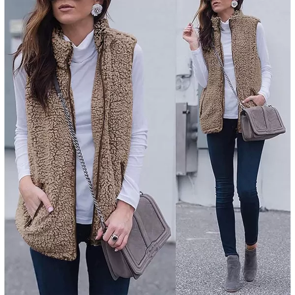 imageZESICA Womens Sleeveless Zip Up Fuzzy Fleece Lightweight Fall Warm Zipper Vest With PocketsCoffee