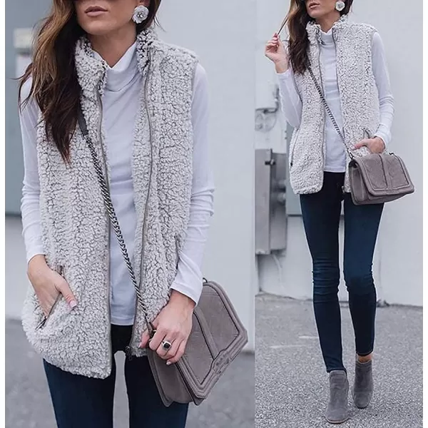imageZESICA Womens Sleeveless Zip Up Fuzzy Fleece Lightweight Fall Warm Zipper Vest With PocketsLight Grey