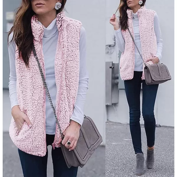 imageZESICA Womens Sleeveless Zip Up Fuzzy Fleece Lightweight Fall Warm Zipper Vest With PocketsPink