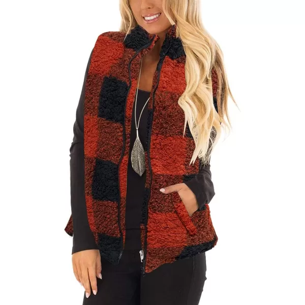 imageZESICA Womens Sleeveless Zip Up Fuzzy Fleece Lightweight Fall Warm Zipper Vest With PocketsRed Plaid