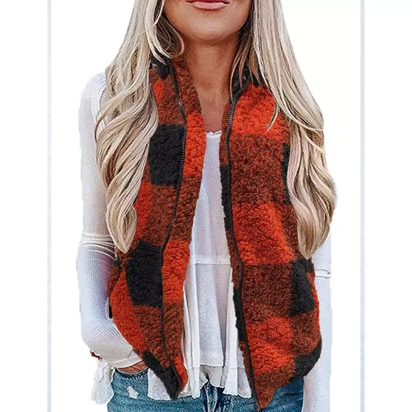 imageZESICA Womens Sleeveless Zip Up Fuzzy Fleece Lightweight Fall Warm Zipper Vest With PocketsRed Plaid