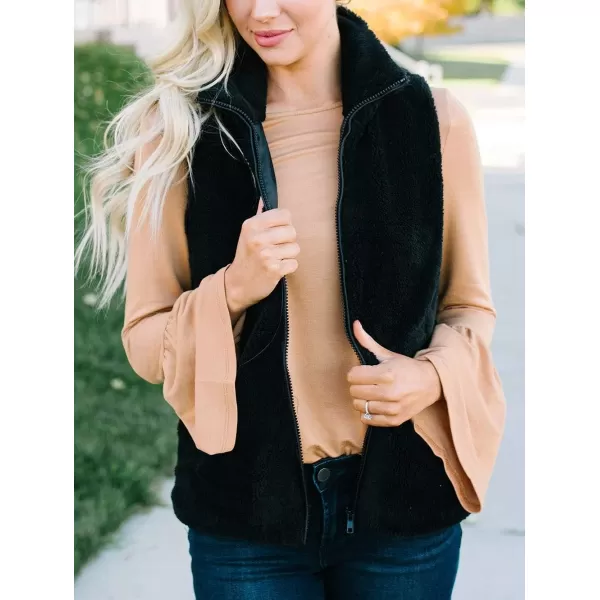 imageZESICA Womens Sleeveless Zip Up Fuzzy Fleece Lightweight Fall Warm Zipper Vest With PocketsSolid Black