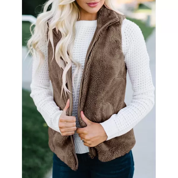 imageZESICA Womens Sleeveless Zip Up Fuzzy Fleece Lightweight Fall Warm Zipper Vest With PocketsSolid Khaki