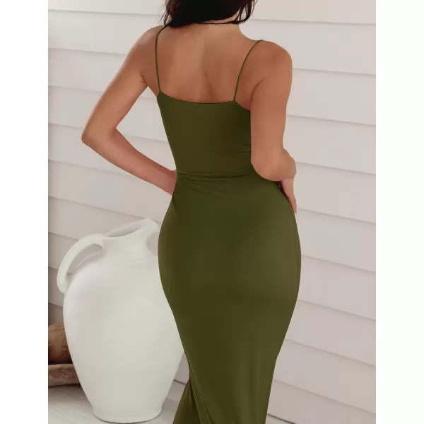 imageZESICA Womens Spaghetti Strap Bodycon Maxi Dress 2023 Summer Sleeveless Backless Cocktail Wedding Party Long DressesArmygreen