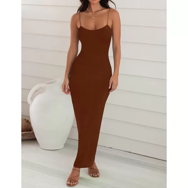 imageZESICA Womens Spaghetti Strap Bodycon Maxi Dress 2023 Summer Sleeveless Backless Cocktail Wedding Party Long DressesBrown