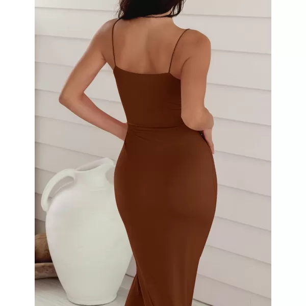 imageZESICA Womens Spaghetti Strap Bodycon Maxi Dress 2023 Summer Sleeveless Backless Cocktail Wedding Party Long DressesBrown