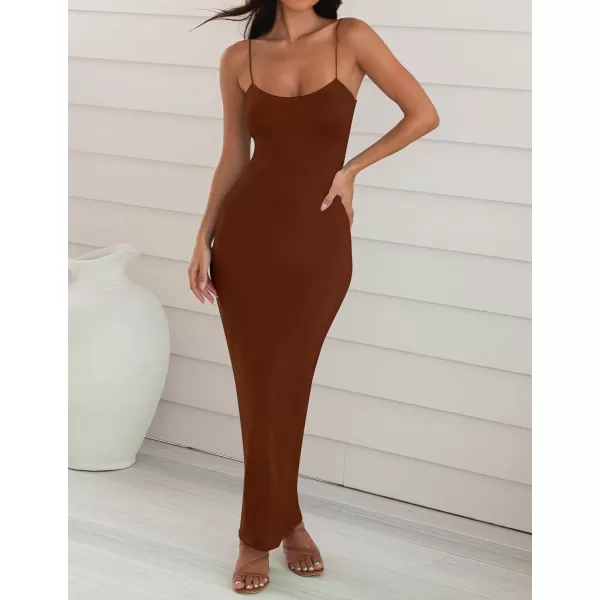 imageZESICA Womens Spaghetti Strap Bodycon Maxi Dress 2023 Summer Sleeveless Backless Cocktail Wedding Party Long DressesBrown