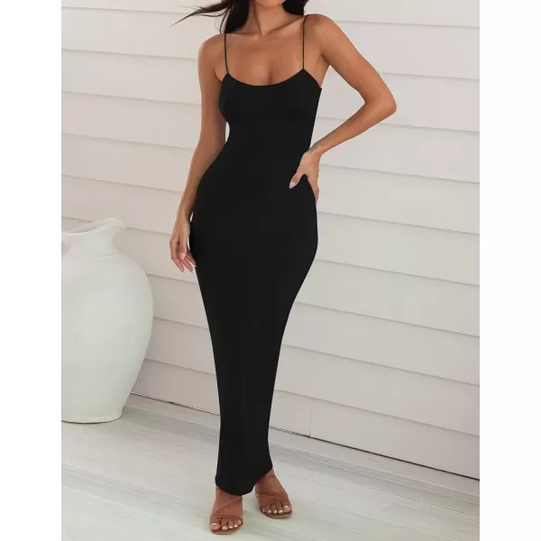 imageZESICA Womens Spaghetti Strap Bodycon Maxi Dress 2023 Summer Sleeveless Backless Cocktail Wedding Party Long DressesDarkblack