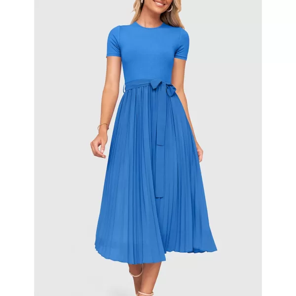 imageZESICA Womens Spring Casual Short Sleeve Midi Dresses 2024 Summer Crew Neck Ribbed Knit Belted Pleated A Line Long DressCobalt Blue