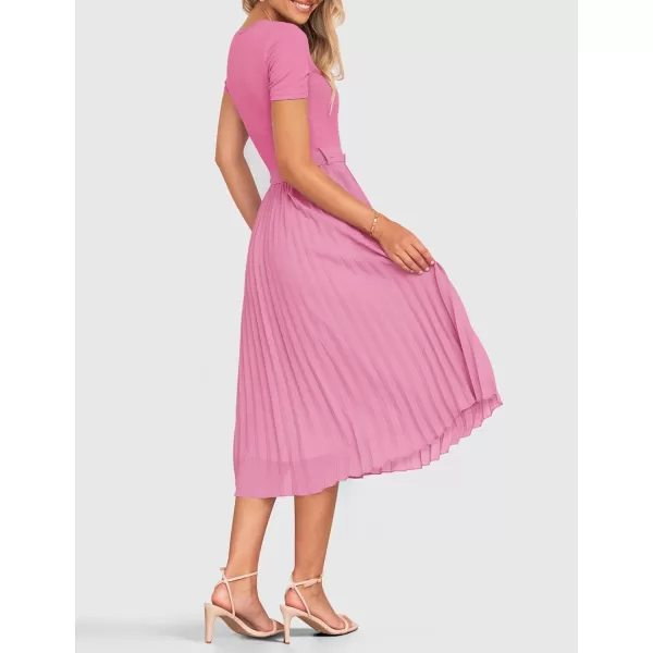 imageZESICA Womens Spring Casual Short Sleeve Midi Dresses 2024 Summer Crew Neck Ribbed Knit Belted Pleated A Line Long DressPink