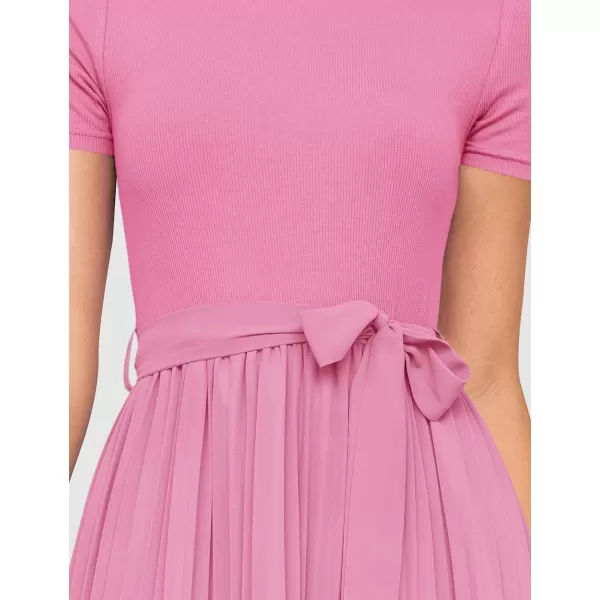 imageZESICA Womens Spring Casual Short Sleeve Midi Dresses 2024 Summer Crew Neck Ribbed Knit Belted Pleated A Line Long DressPink