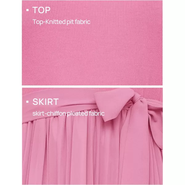 imageZESICA Womens Spring Casual Short Sleeve Midi Dresses 2024 Summer Crew Neck Ribbed Knit Belted Pleated A Line Long DressPink