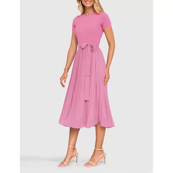 imageZESICA Womens Spring Casual Short Sleeve Midi Dresses 2024 Summer Crew Neck Ribbed Knit Belted Pleated A Line Long DressPink