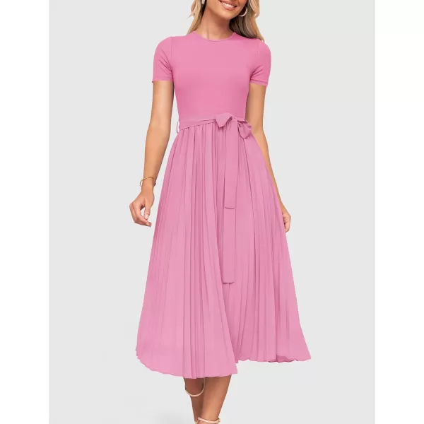 imageZESICA Womens Spring Casual Short Sleeve Midi Dresses 2024 Summer Crew Neck Ribbed Knit Belted Pleated A Line Long DressPink