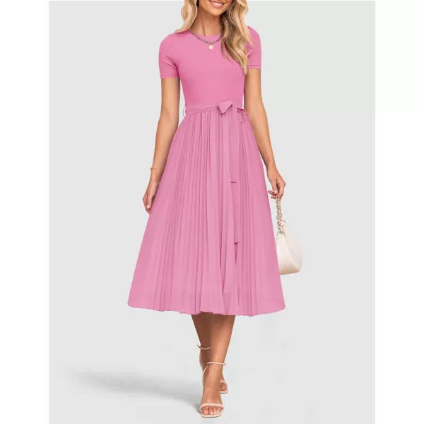 imageZESICA Womens Spring Casual Short Sleeve Midi Dresses 2024 Summer Crew Neck Ribbed Knit Belted Pleated A Line Long DressPink