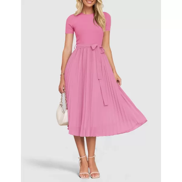 imageZESICA Womens Spring Casual Short Sleeve Midi Dresses 2024 Summer Crew Neck Ribbed Knit Belted Pleated A Line Long DressPink