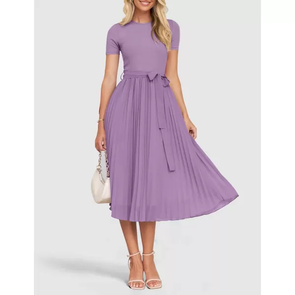 imageZESICA Womens Spring Casual Short Sleeve Midi Dresses 2024 Summer Crew Neck Ribbed Knit Belted Pleated A Line Long DressPurple