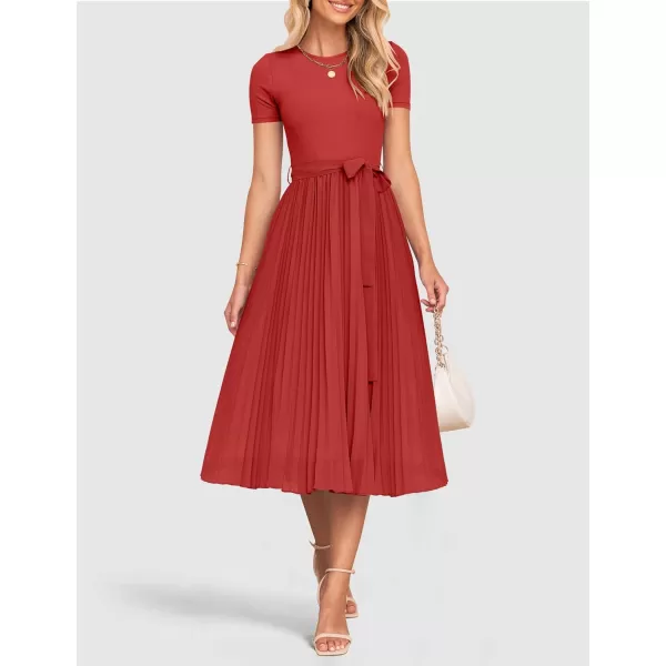 imageZESICA Womens Spring Casual Short Sleeve Midi Dresses 2024 Summer Crew Neck Ribbed Knit Belted Pleated A Line Long DressRed