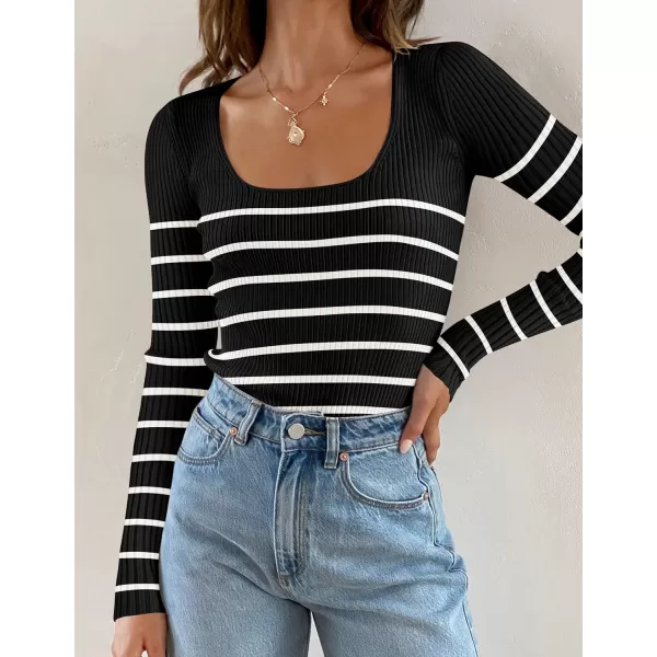 imageZESICA Womens Square Neck Striped Tops Long Sleeve Ribbed T Shirts 2024 Fall Fashion Casual Basic Knit SweatersBlack