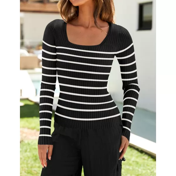 imageZESICA Womens Square Neck Striped Tops Long Sleeve Ribbed T Shirts 2024 Fall Fashion Casual Basic Knit SweatersBlack