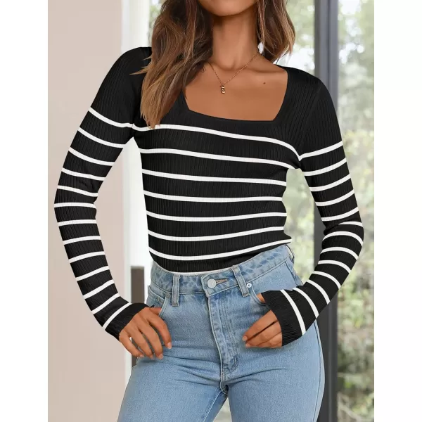 imageZESICA Womens Square Neck Striped Tops Long Sleeve Ribbed T Shirts 2024 Fall Fashion Casual Basic Knit SweatersBlack