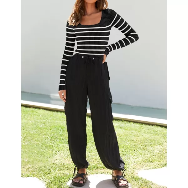 imageZESICA Womens Square Neck Striped Tops Long Sleeve Ribbed T Shirts 2024 Fall Fashion Casual Basic Knit SweatersBlack