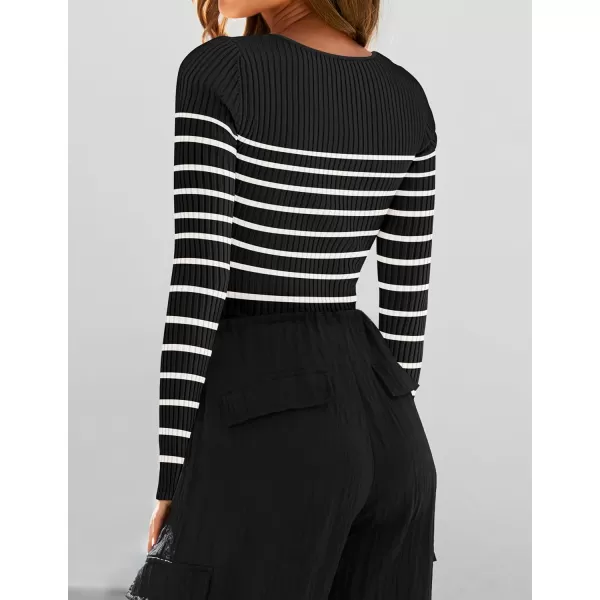 imageZESICA Womens Square Neck Striped Tops Long Sleeve Ribbed T Shirts 2024 Fall Fashion Casual Basic Knit SweatersBlack