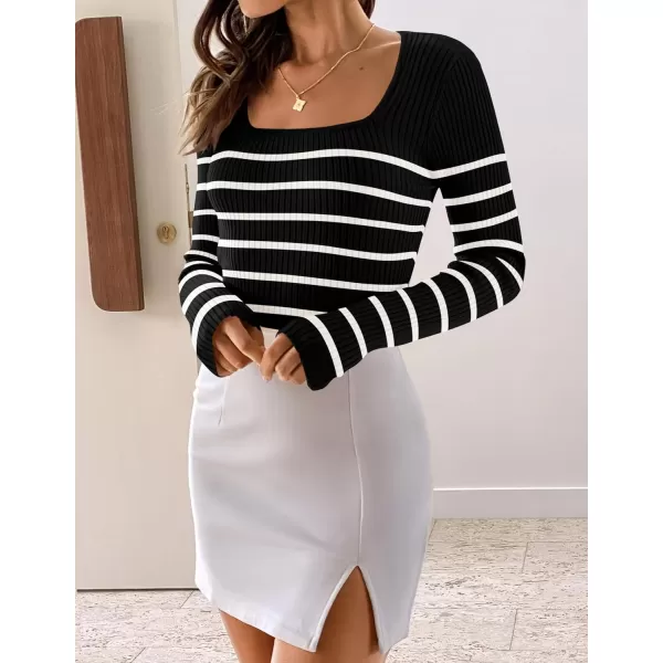 imageZESICA Womens Square Neck Striped Tops Long Sleeve Ribbed T Shirts 2024 Fall Fashion Casual Basic Knit SweatersBlack