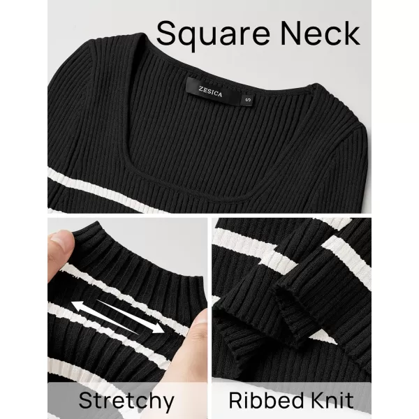 imageZESICA Womens Square Neck Striped Tops Long Sleeve Ribbed T Shirts 2024 Fall Fashion Casual Basic Knit SweatersBlack