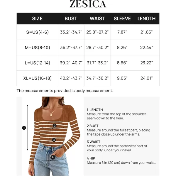 imageZESICA Womens Square Neck Striped Tops Long Sleeve Ribbed T Shirts 2024 Fall Fashion Casual Basic Knit SweatersBrown